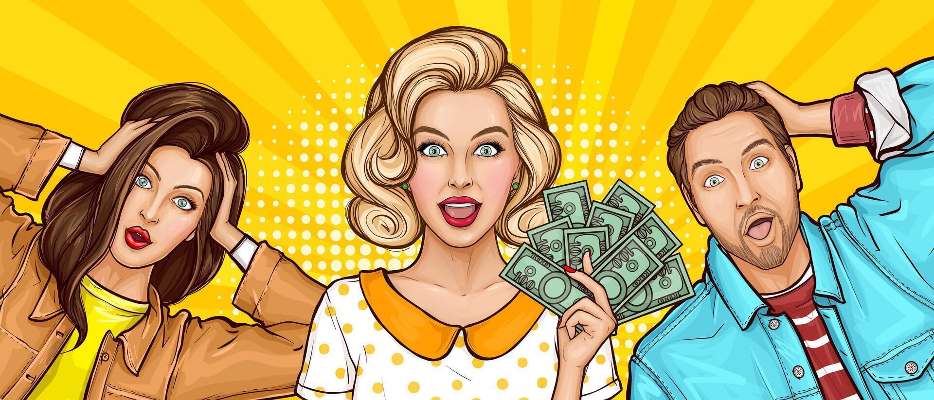 Pop art surprised rich girl holding and showing money cash. Shocked man and woman with wow emotion, open mouth and wonder expression on yellow background. Concept of winnings or sale announcement. vector