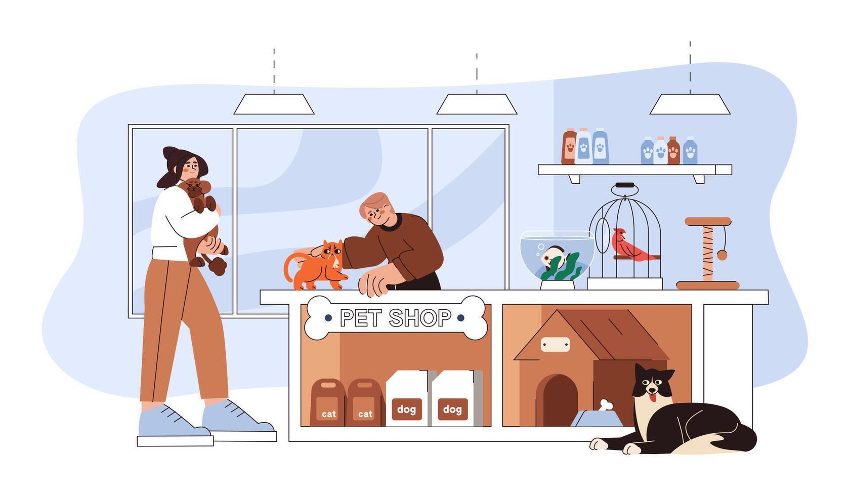 Flat pet shop with domestic animals. Customers choose pets. Store inside interior with counter and ginger kitty, dogs, bird, fish in aquarium and bird in a cage. Animal food and accessories on shelves vector