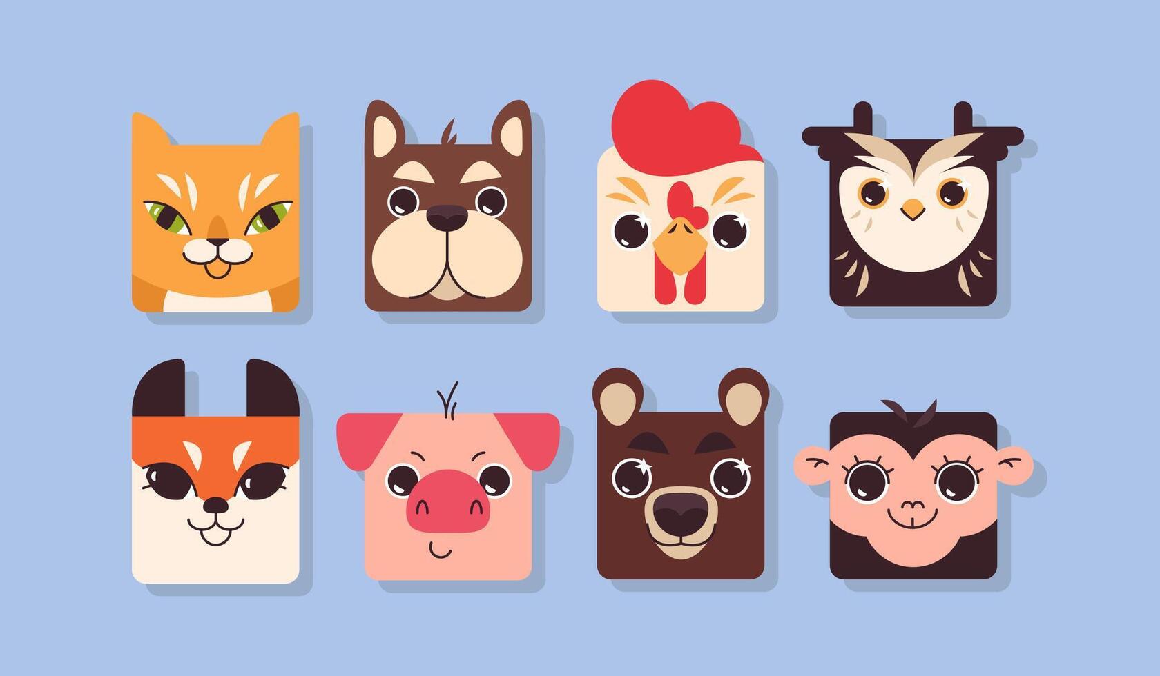 Flat cute colorful square animal faces. Funny pig, cow, dog, cat, fox, monkey, bear and chicken zoo game elements for kids. App avatar icon set. Kid collection head shape of pet, wild and farm animals vector