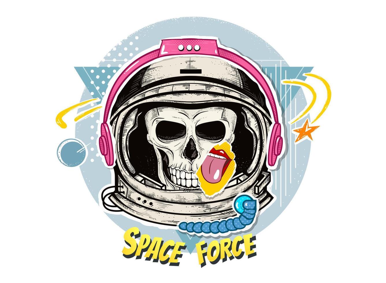 Astronaut skull in space helmet and pink headphones pop art illustration. Bright collage in zine culture style. Human skeleton head of cosmonaut with srats and tongue symbol sticker. vector
