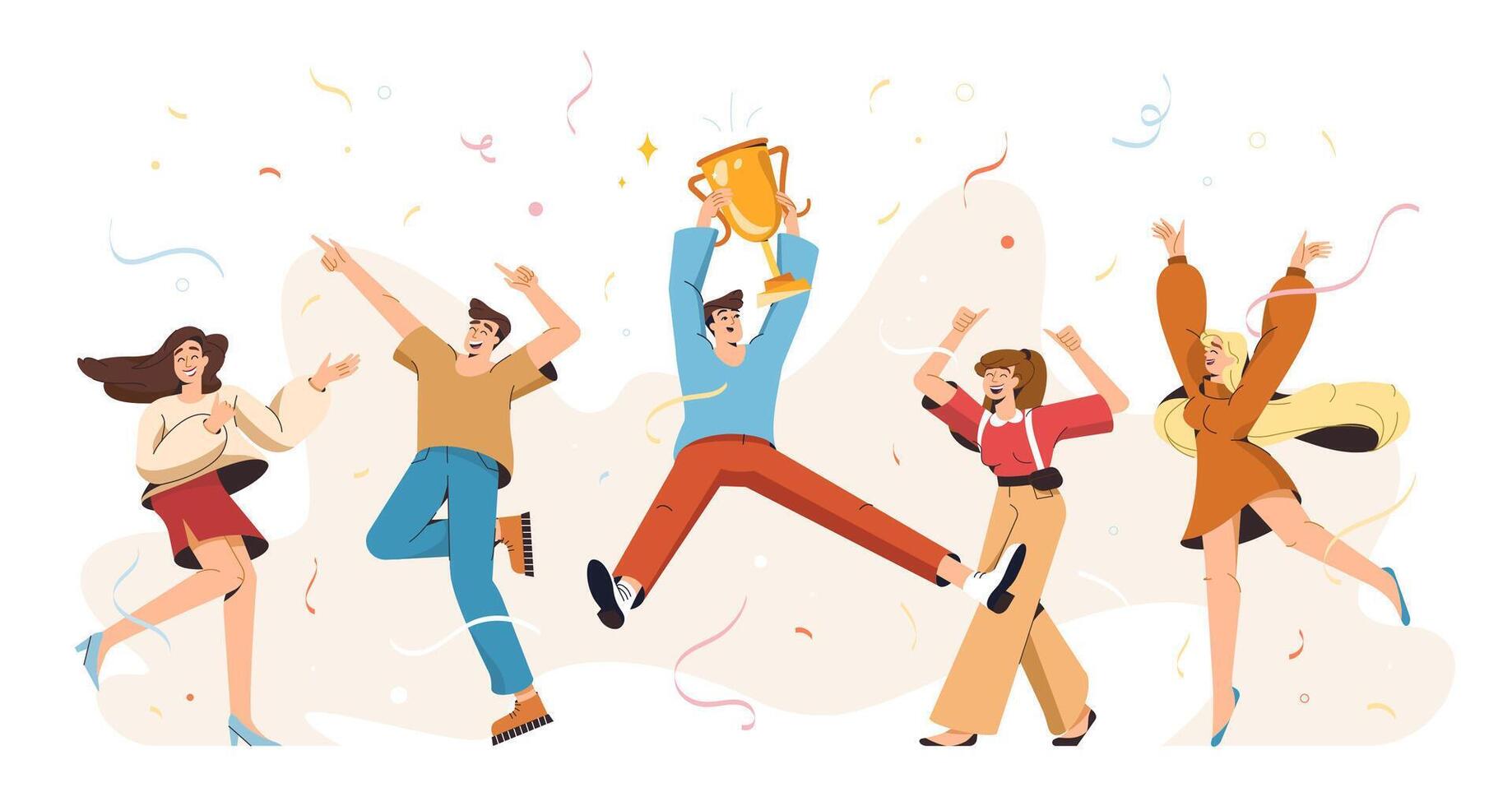 Flat happy young winners with golden cup award. Group of joyful people with gold championship trophy celebrate victory win. Competition champions hold goblet, triumph reward. Employee team with prize. vector
