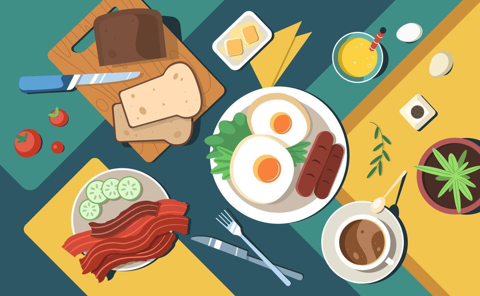 plato con comida parte superior vista, plano mesa con comida. tradicional lleno Inglés desayuno con frito huevos, salchichas, tocino, Tomates, tostadas y bebidas americano desayuno tardío con carne, pan, naranja jugo, café vector