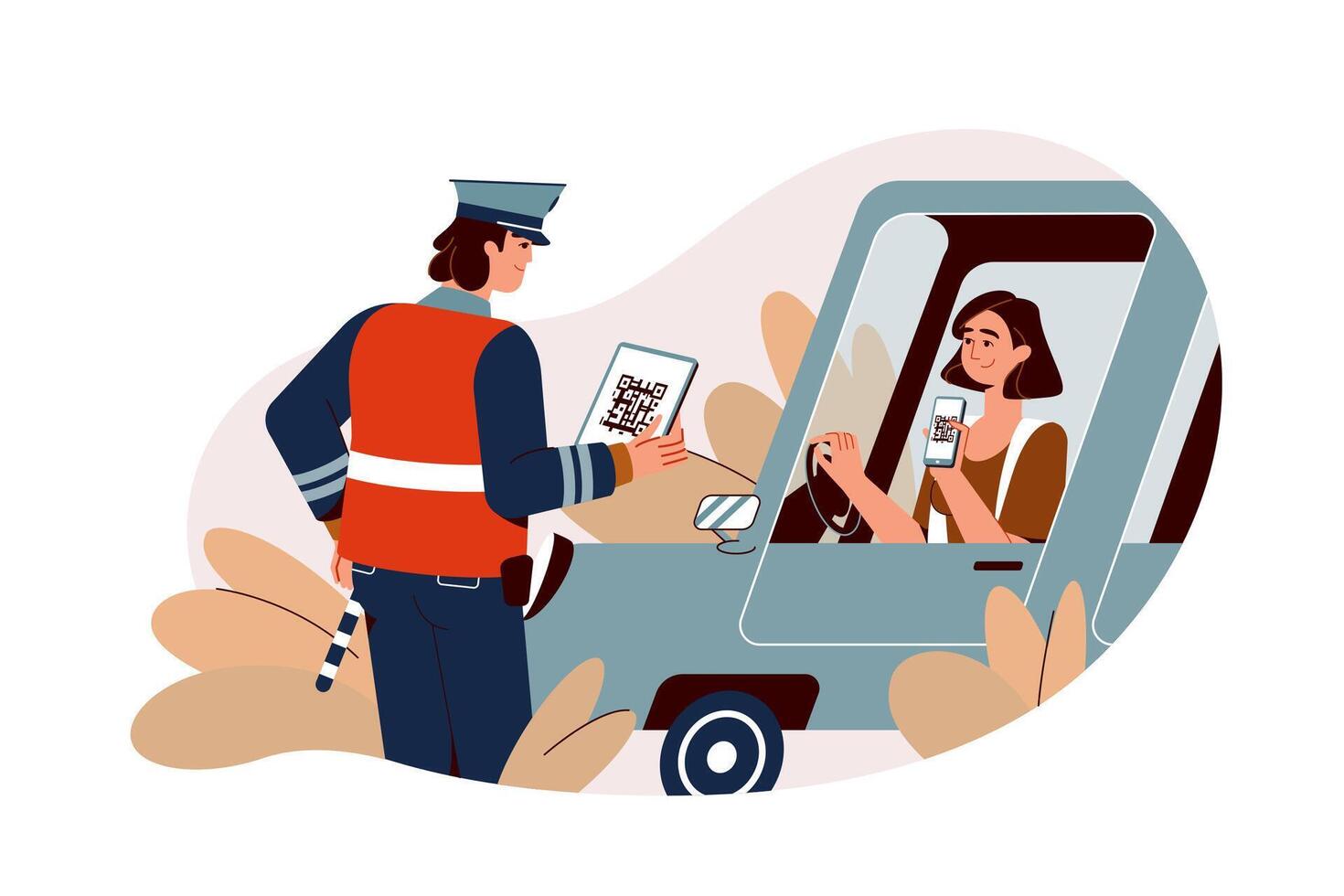 Flat traffic police inspector check digital driver licence of young woman, scan QR code with phone. Traffic officer scanning electronic driving document with smartphone app. Policeman control of car. vector