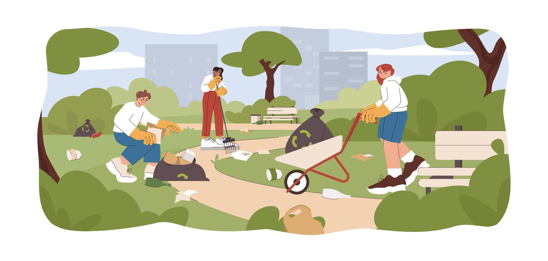 plano voluntario equipo limpiar arriba ciudad parque, recoger basura. joven personas coleccionar camada juntos, recoger basura dentro reciclaje basura bolsas. limpieza residuos para reciclar. ambiental problemas concepto. vector