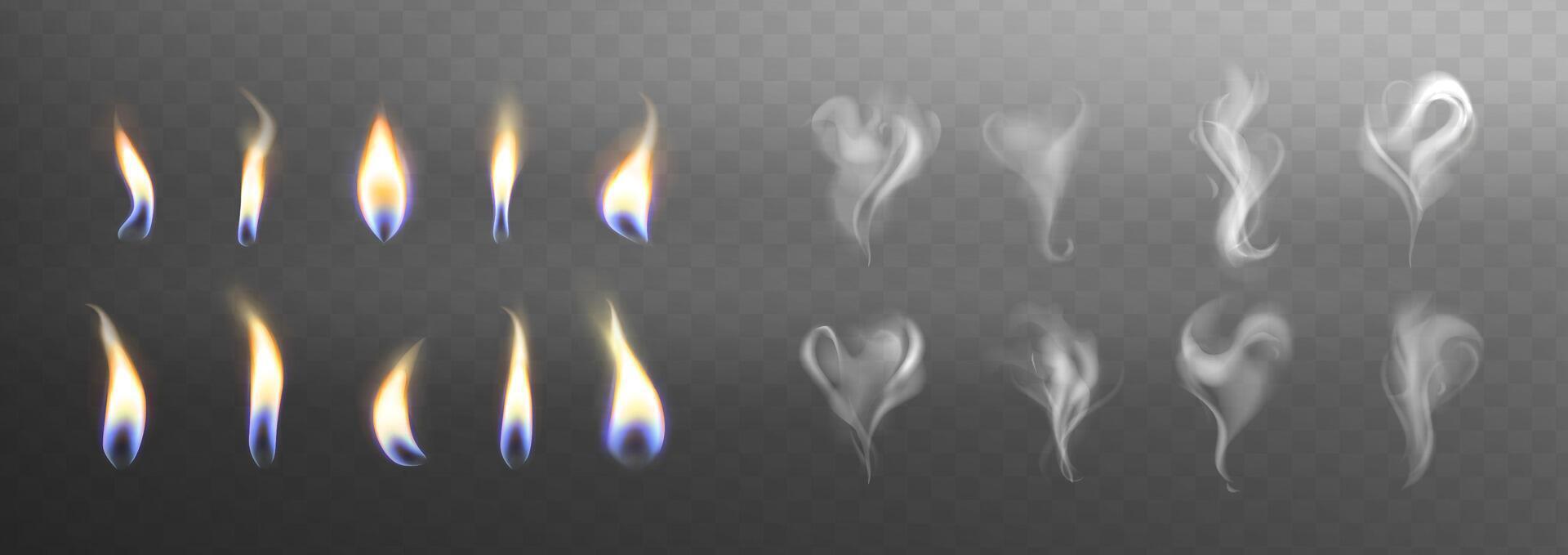 Candle flame lights and smoke steam with hart and swirl shaped collection on dark background. Set of burning fire flames. realistic candlelight element design. vector