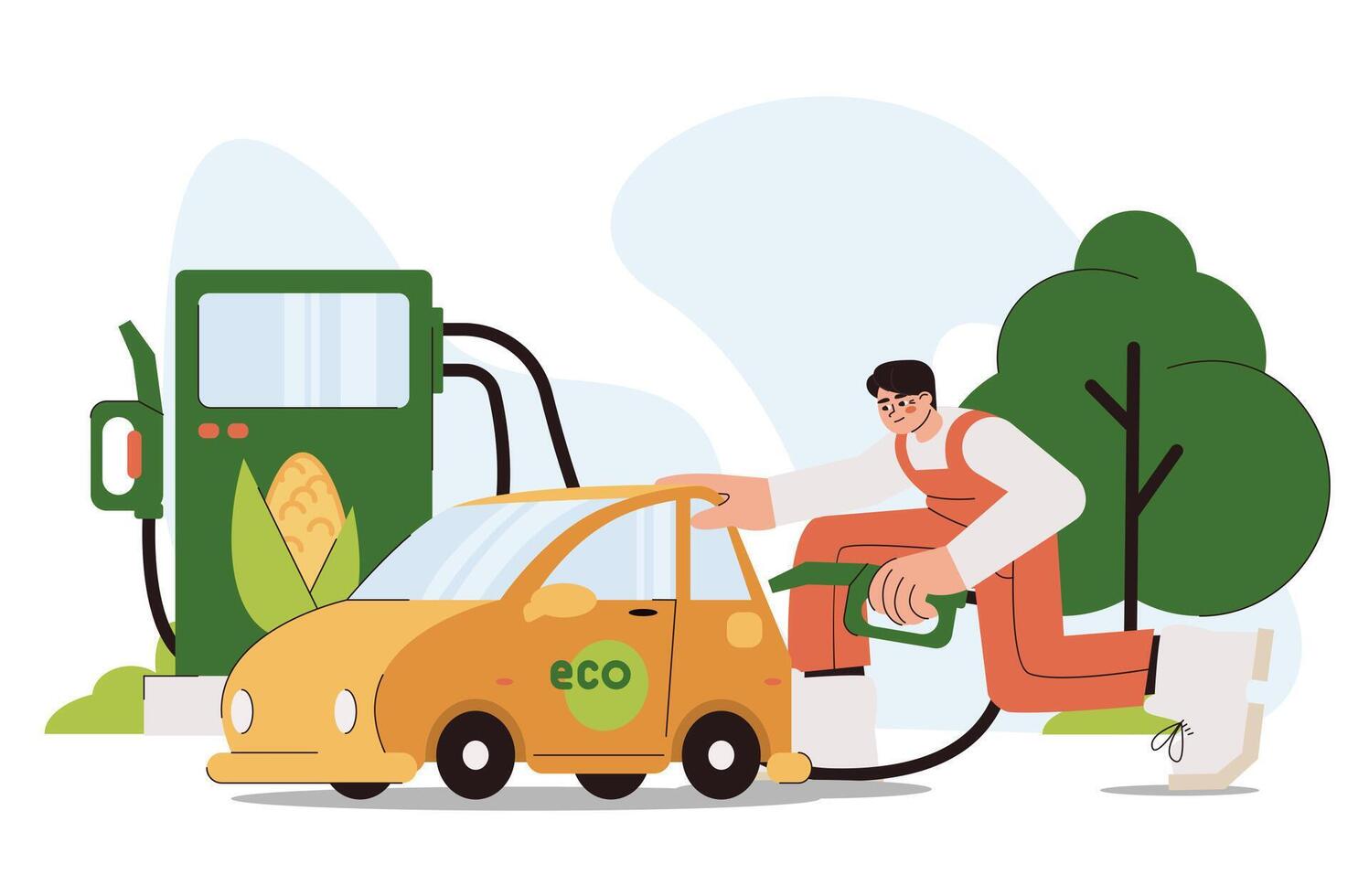 plano hombre repostaje coche con biocombustible en gasolina estación. personaje conductor sostener combustible boquilla y llenar auto de etanol o biodiesel desde biomasa maíz. verde ecología alternativa energía concepto. vector