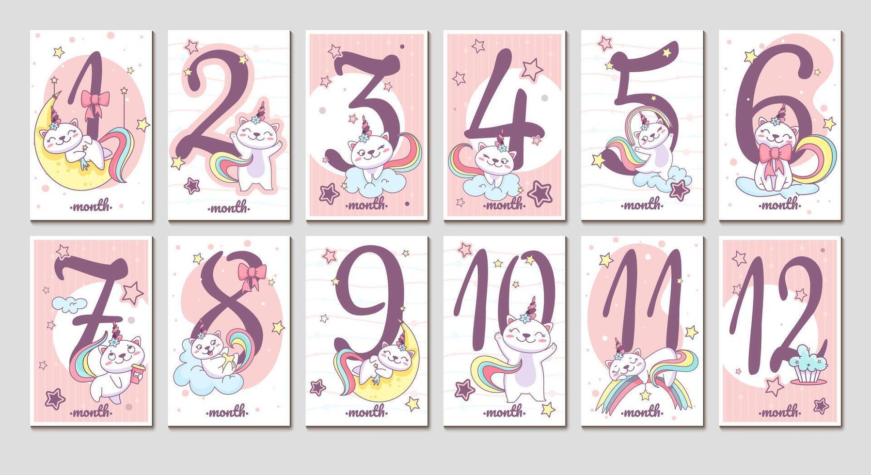 Flat collection of baby monthly milestone cards with cute unicorn cat and numbers in pink color. Birthday month stickers for newborn kids girl with funny caticorn on cloud, rainbow and moon. vector