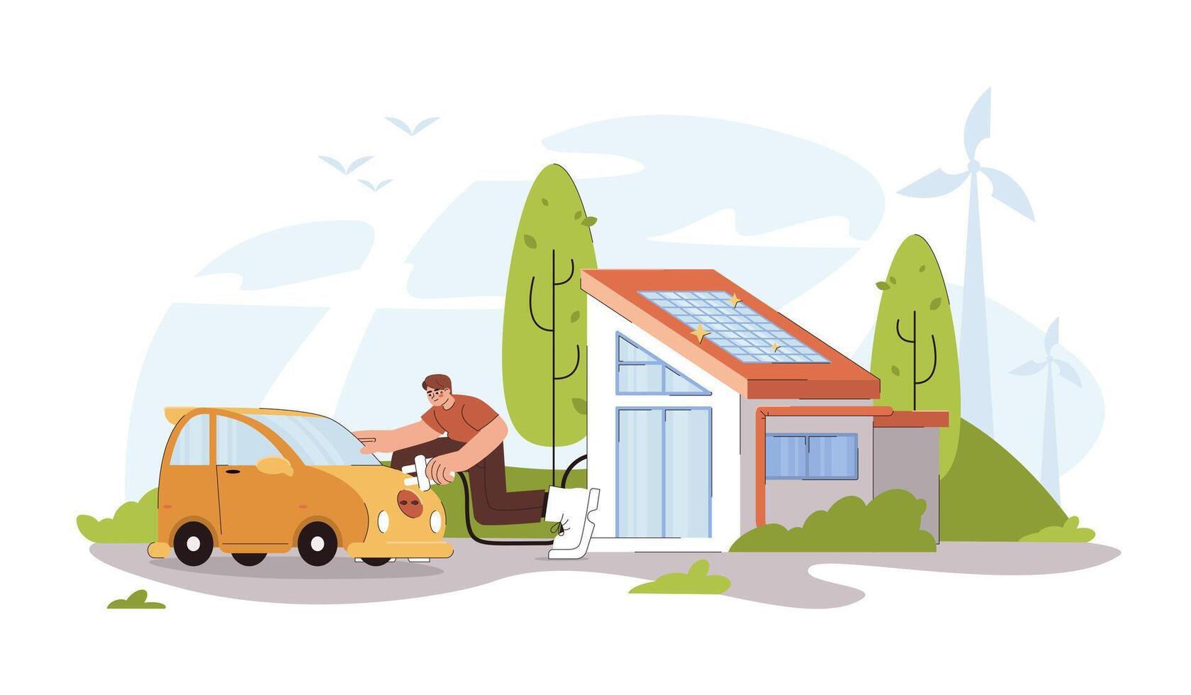 Flat man charging electric car in yard from ev charger station in modern smart home with photovoltaic solar panels on the roof. Eco house, friendly alternative renewable green energy concept. vector