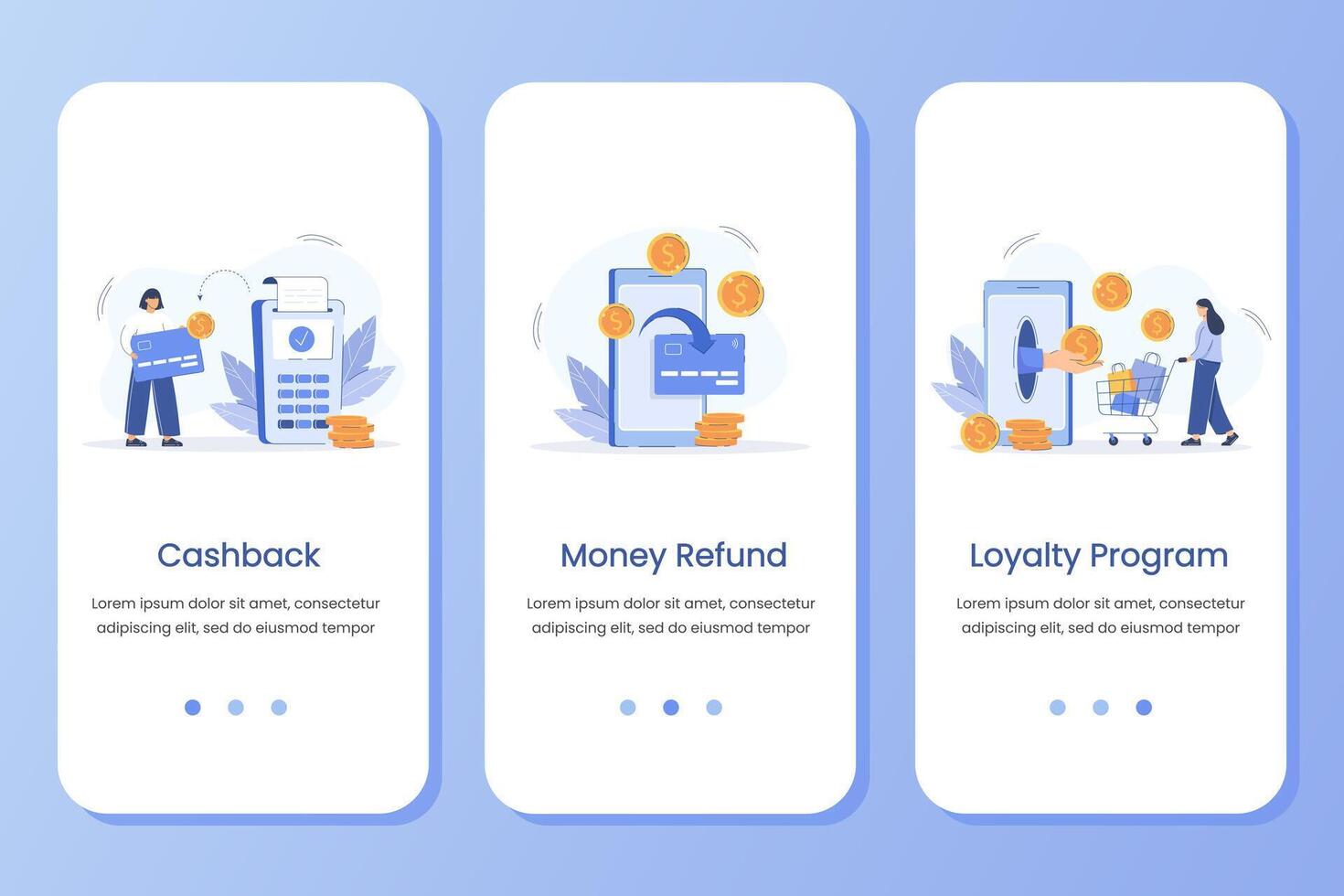 Onboarding screen ui with cashback, money refund and loyalty program digital concepts. banner template for website, mobile development or phone app. Flat customer receive reward and save cash. vector