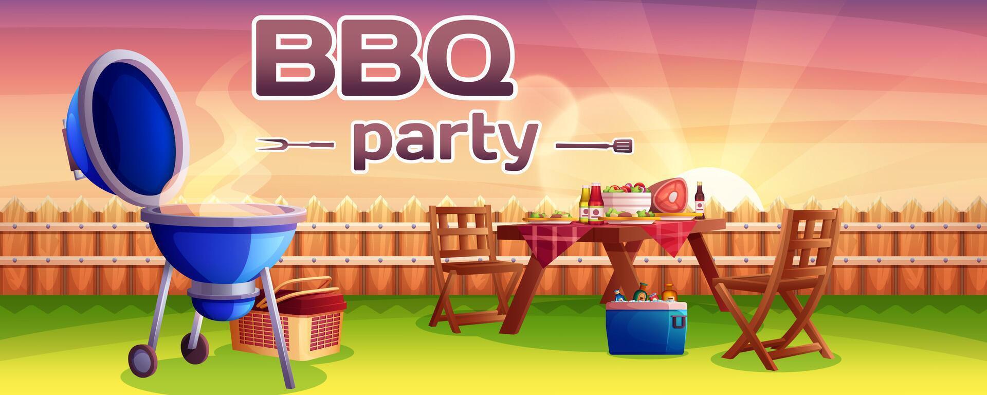 BBQ party cartoon banner or invitation. Barbecue picnic in outdoor backyard with cooking grill meat, food and drink on table. Hot grilled steak on fire on green summer lawn in home yard on sunset. vector