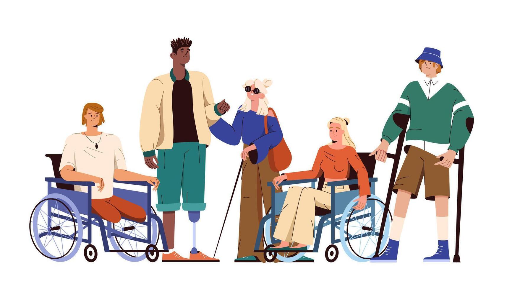 Disabled characters on wheelchair and crutches. Man with prosthetic leg support blind girl. Group of young people or multiracial friends with special needs. illustration in flat style. vector