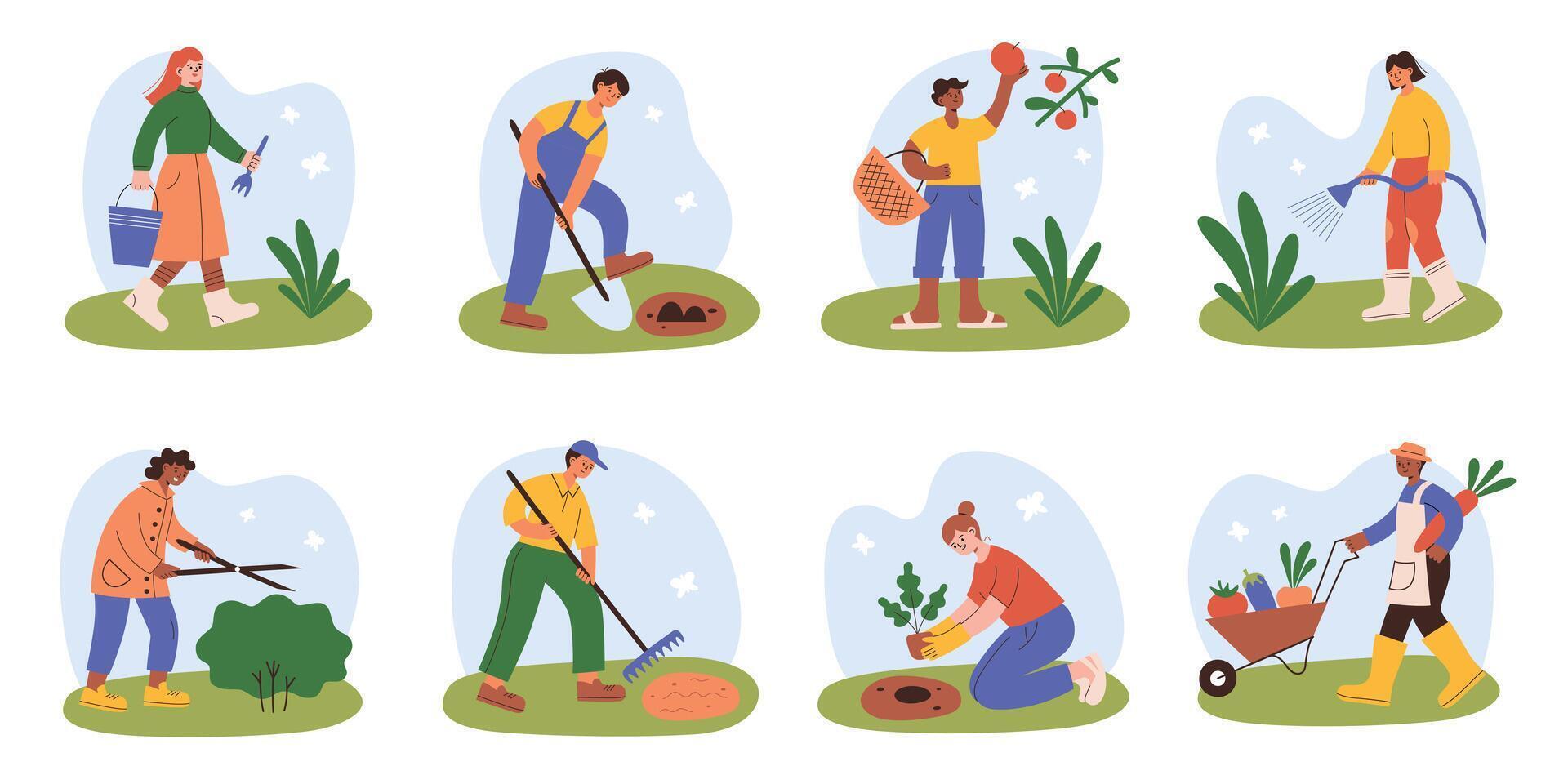 dibujos animados caracteres trabajando en jardín, jardinería y agricultura escenas, contento jardineros plantando vector