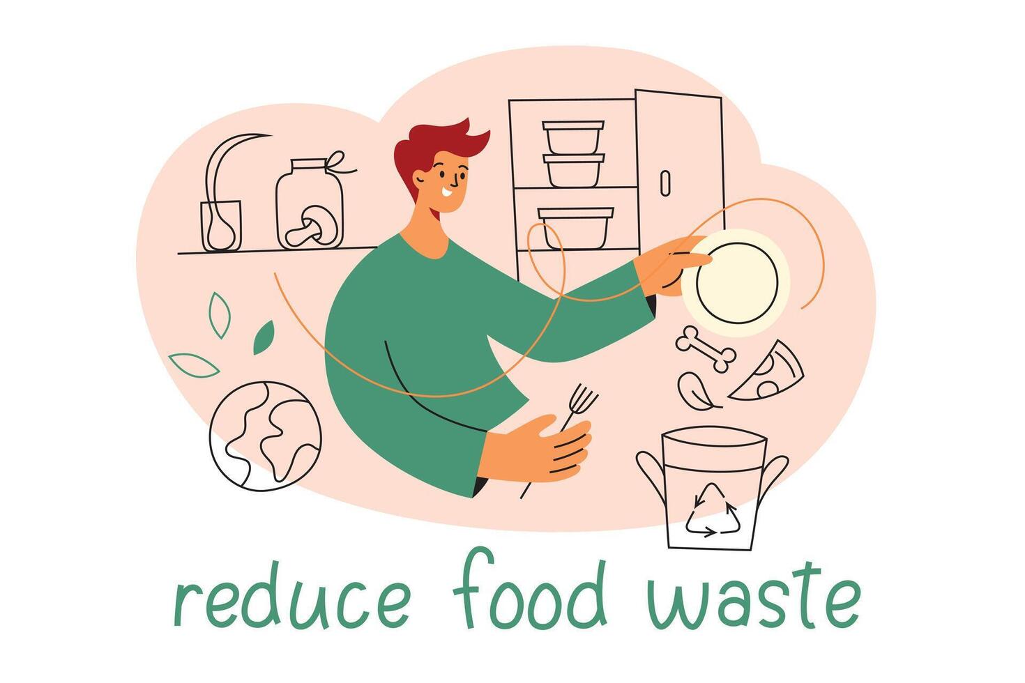 Reduce food waste poster, man throwing leftovers in compost bin, illustration of flat character and planet earth, reuse garbage icons, sustainable eating composition, ecology awareness vector