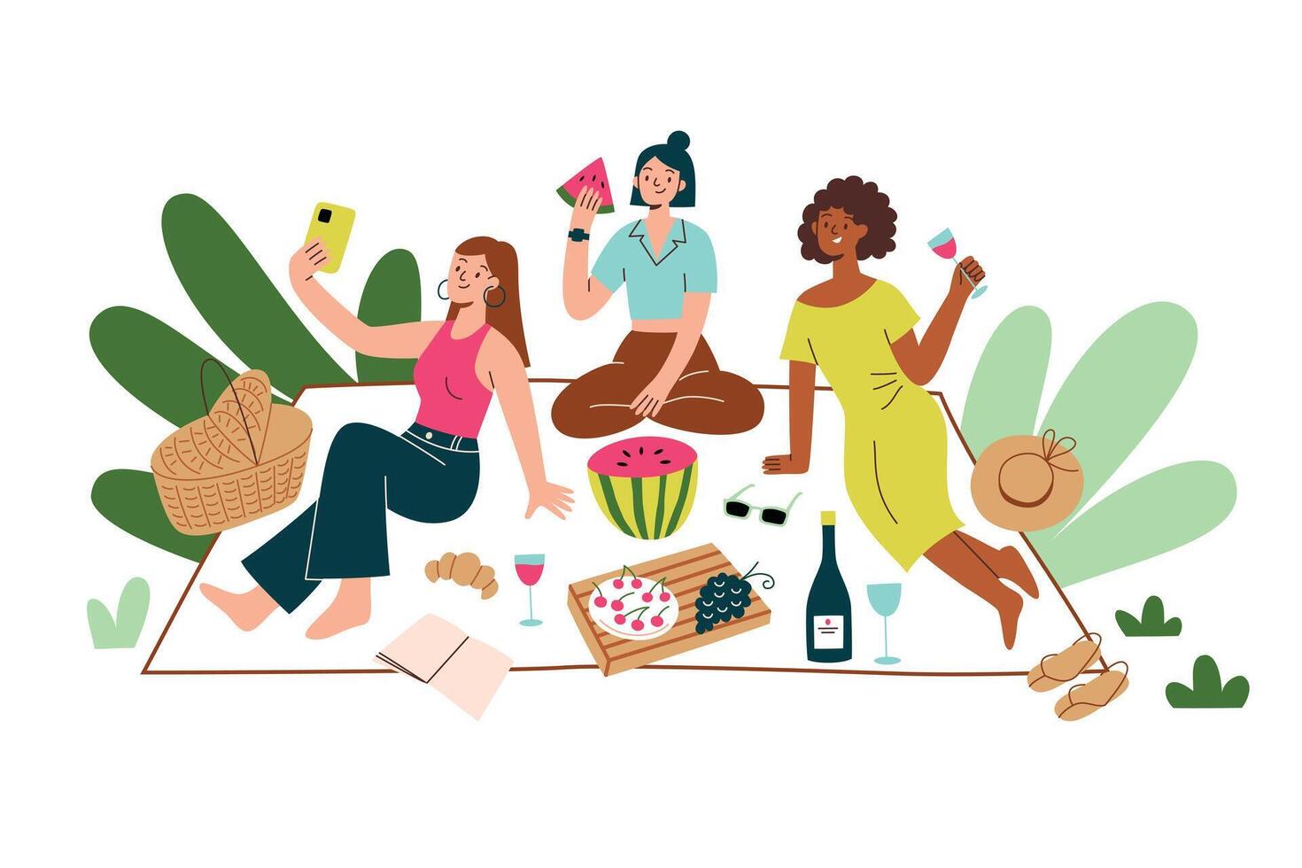 mujer disfrutando picnic en verano, contento hembra amigos comiendo fuera de en parque, composición con alimento, bebidas, vino, Fruta en picnic frazada, primavera escena, mimbre cesta para al aire libre almuerzo vector