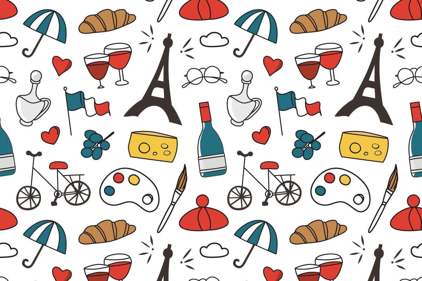Seamless pattern with French symbols, France illustrations, colored ornament of cheese, wine, croissant, Eifel tower on white background, travel to Paris, cute doodle icons for wrapping vector