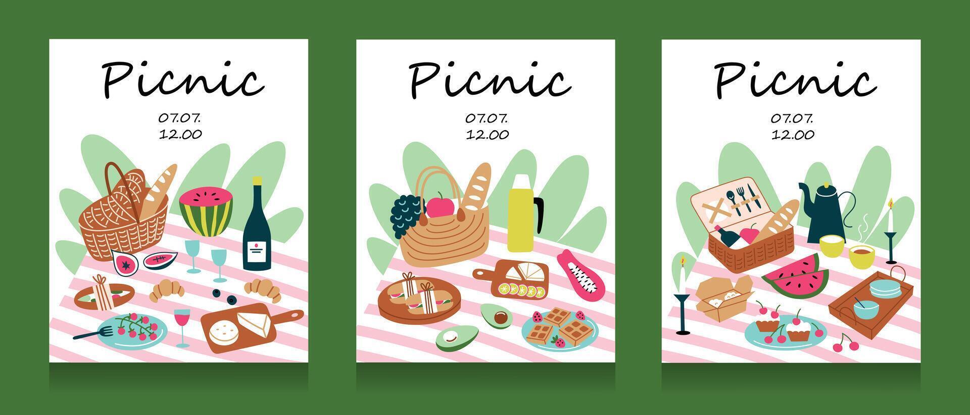 picnic invitación tarjetas, dibujos animados composiciones con mantas y mimbre cestas, conjunto de tarjeta postal plantillas con Copiar espacio, preparativos con picnic alimento, vino, fruta, verano colección vector