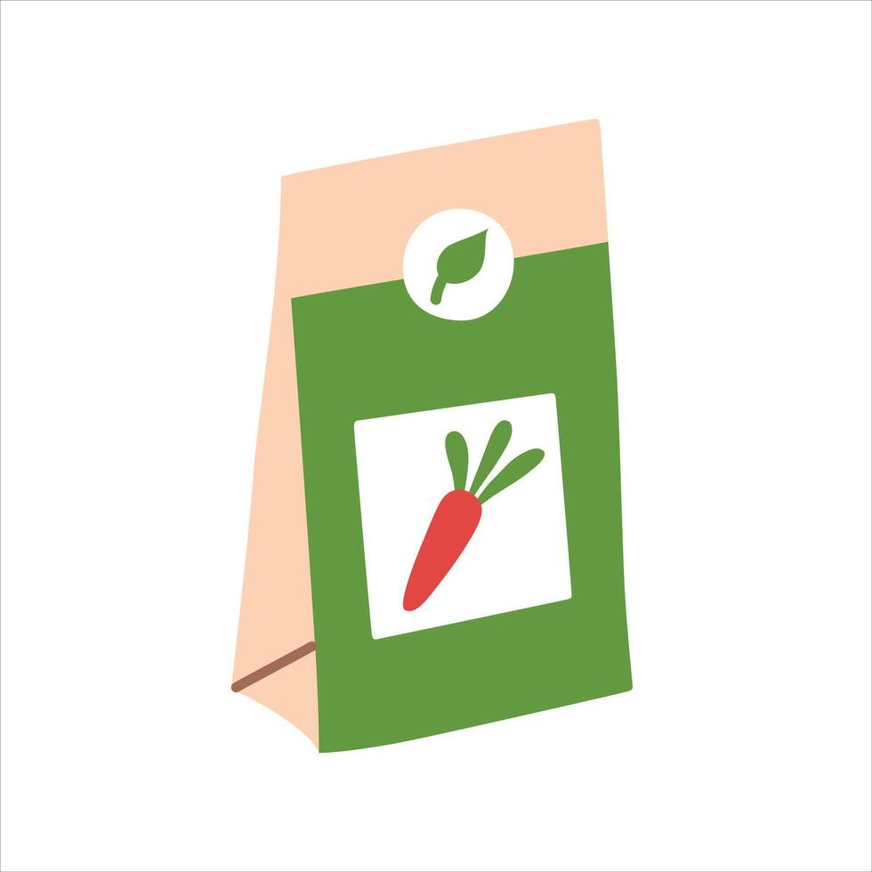 Seeds pack icon, illustration of paper package with carrot seeds, spring gardening, plant for farming, cultivation if vegetables, bag with seedlings vector