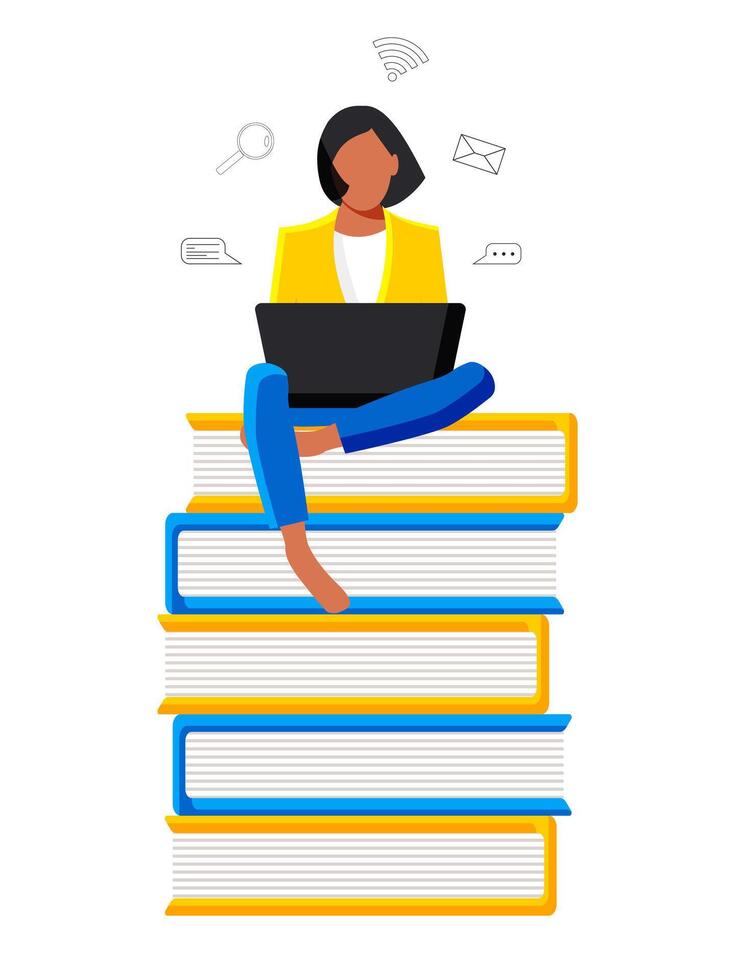 A cute, purposeful female student sits with a laptop among books and textbooks. Online education concept. vector
