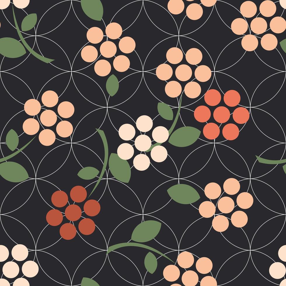 Flowers of geometric shapes on a black background. Seamless cute floral pattern. . vector