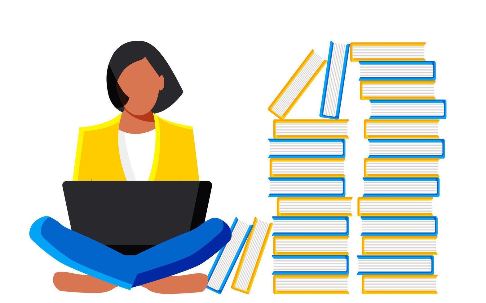 A cute, purposeful female student sits with a laptop among books and textbooks. Online education concept. vector