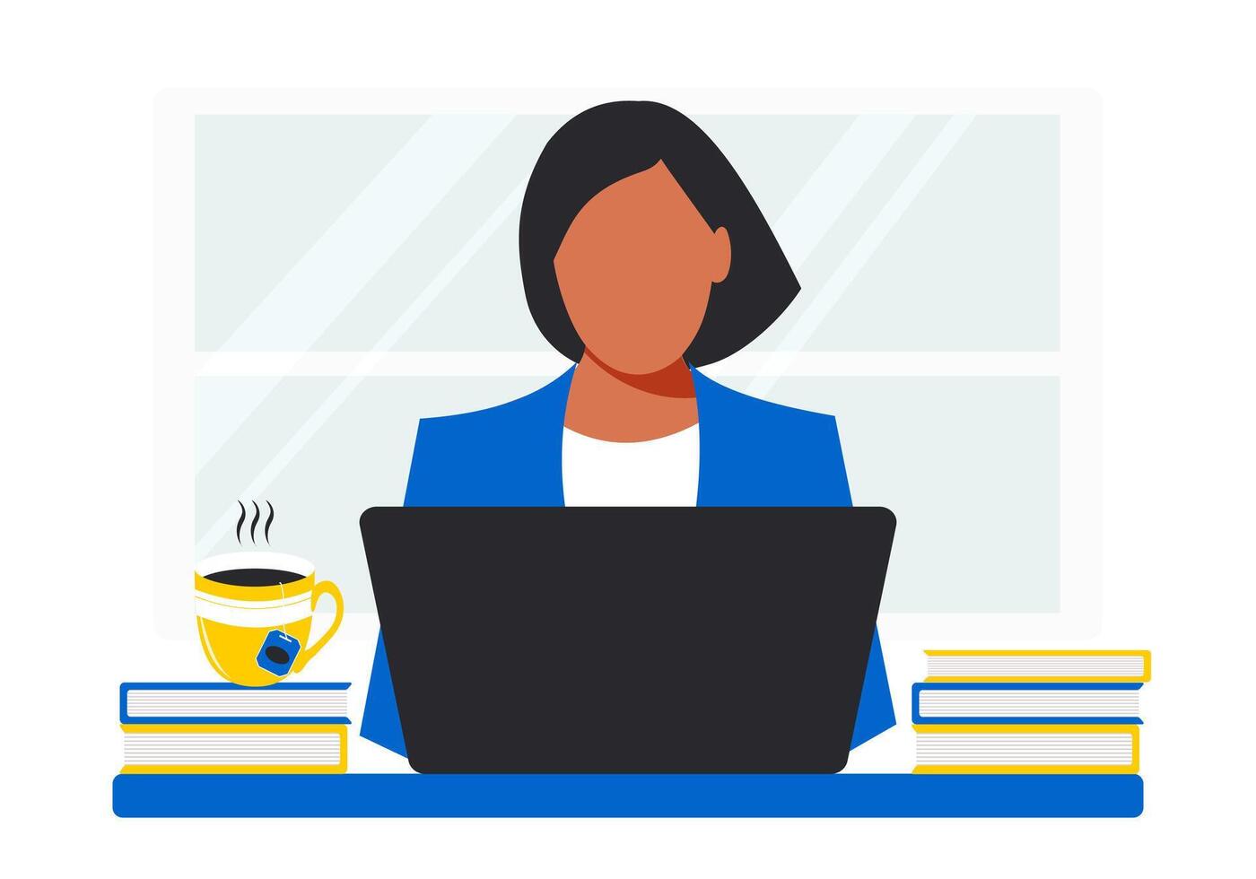 Nice woman at the table with a laptop. Online education concept in blue and yellow colors flat style. Freelancer remote work. vector