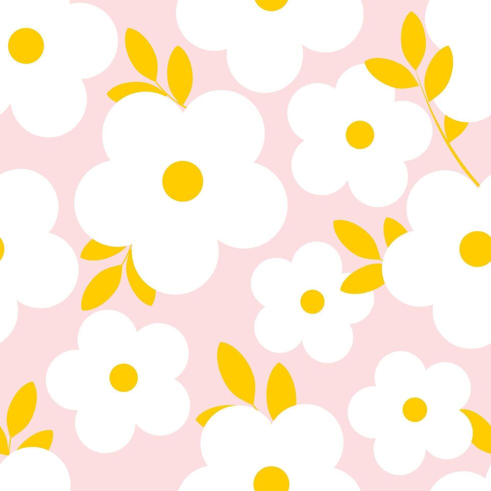 White small flowers with yellow leaves on a delicate pink background. Seamless summer pattern for printing on modern fabrics. . vector