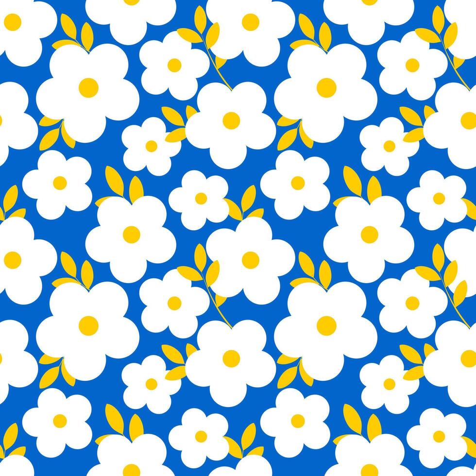 White small flowers with yellow leaves on a blue background. Seamless summer pattern for printing on modern fabrics. . vector