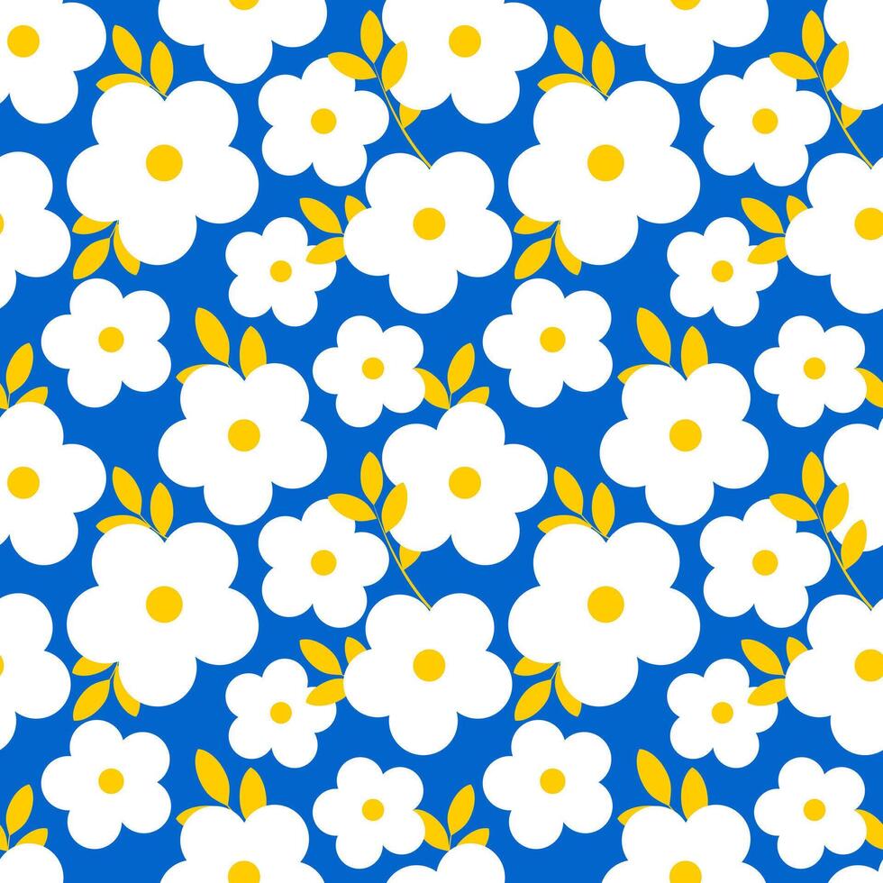 blanco pequeño flores con amarillo hojas en un azul antecedentes. sin costura verano modelo para impresión en moderno telas . vector