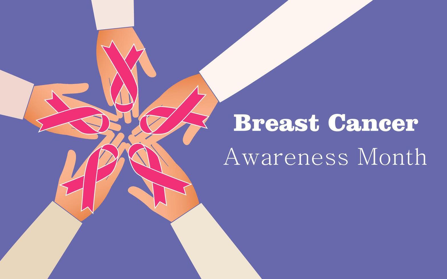 Breast Cancer Awareness Month. Pink ribbon sign. People's open palms hold a ribbon against a purple horizontal banner. vector