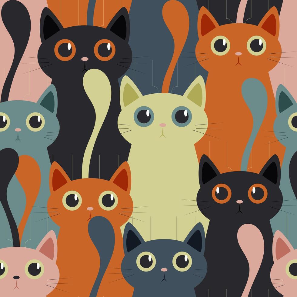 Fancy colorful cats with big eyes and different emotions create a cute seamless pattern for modern fabrics, holiday children's wrapping paper. vector