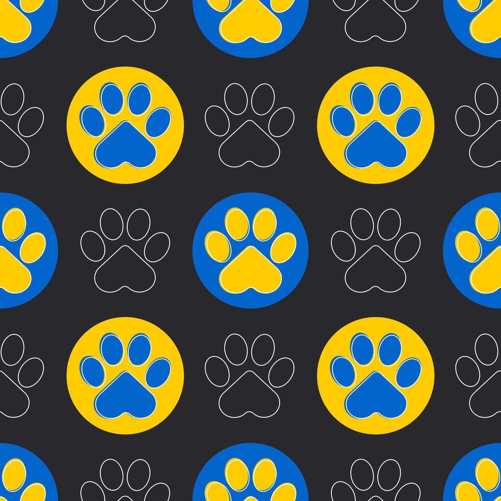 Paw of a cat or dog. Blue and yellow paws of animals on a black background. Cute seamless pattern. vector