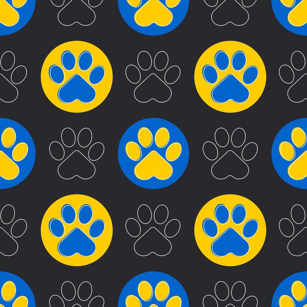 Paw of a cat or dog. Blue and yellow paws of animals on a black background. Cute seamless pattern. vector