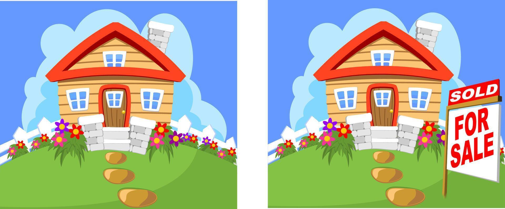 House Cottage comic cartoon for sale with a sign illustration vector