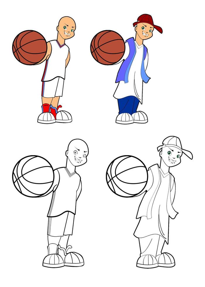 Teenage graffiti street and court basketball player illustration set vector