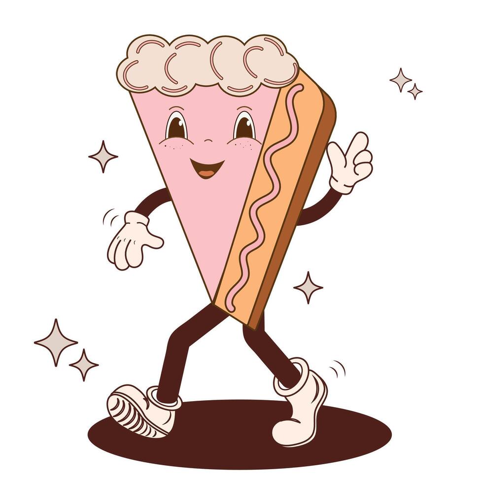 Retro Cartoon character of cake in groovy style. Vintage fast food mascot nostalgia 60s, 80s with psychedelic smiley and emotions. Funky illustration for your design. vector