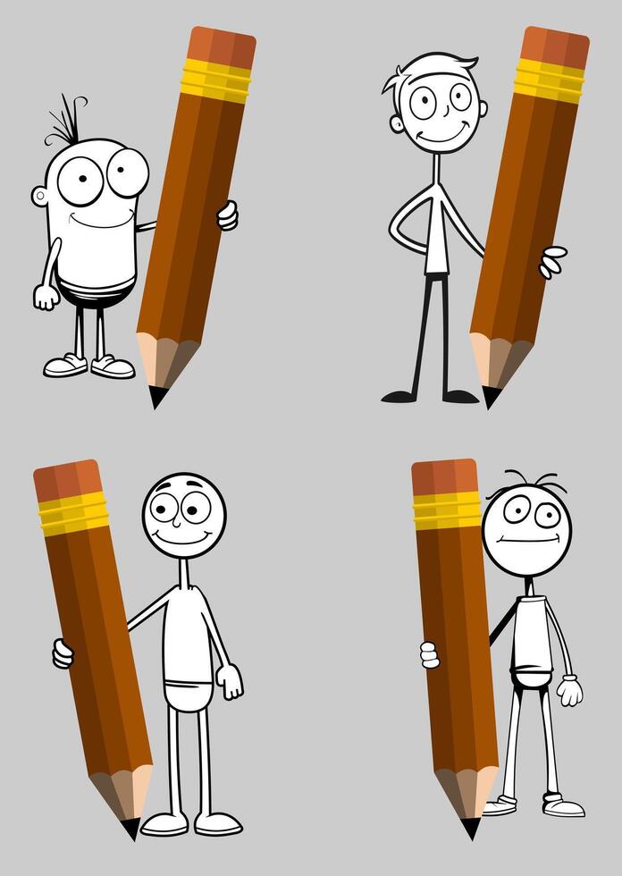 set of stick man figures holding a pencil vector