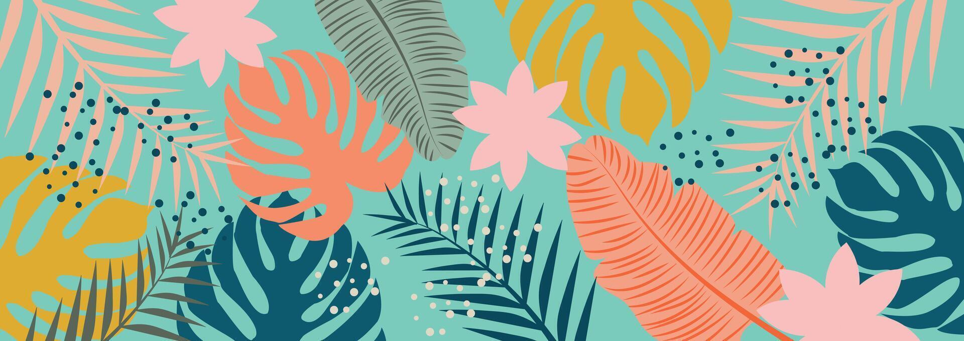 Modern colorful tropical pattern with leaves. Floral prints. Abstract Flora and Botany. Cute botanical abstract tropical background with leaves and flowers. vector