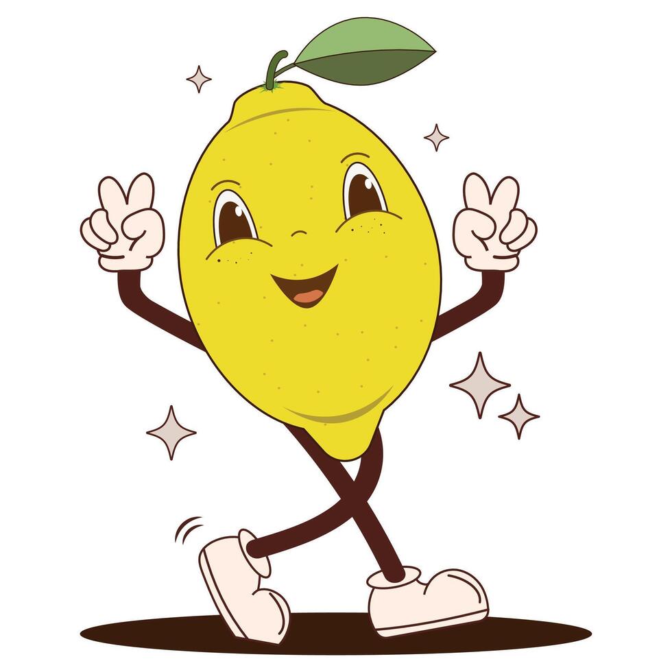 Retro cartoon funny lemon character in groovy style, cute mascot. Vintage citrus fruit illustration. Nostalgia for the 60s, 70s, 80s. vector