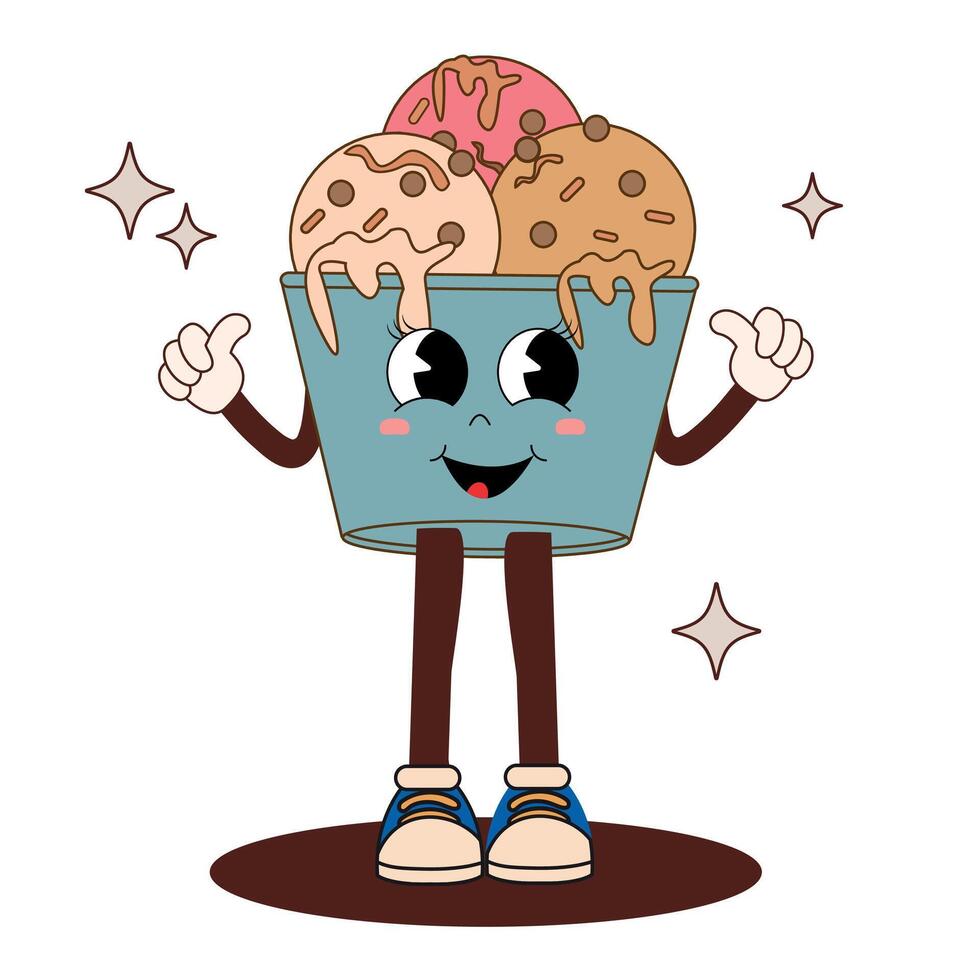 Funny cartoon ice cream character in groovy style. Cute retro mascot from childhood. Vintage illustration of ice cream and sweets. Concept for the 60s, 70s, 80s. vector