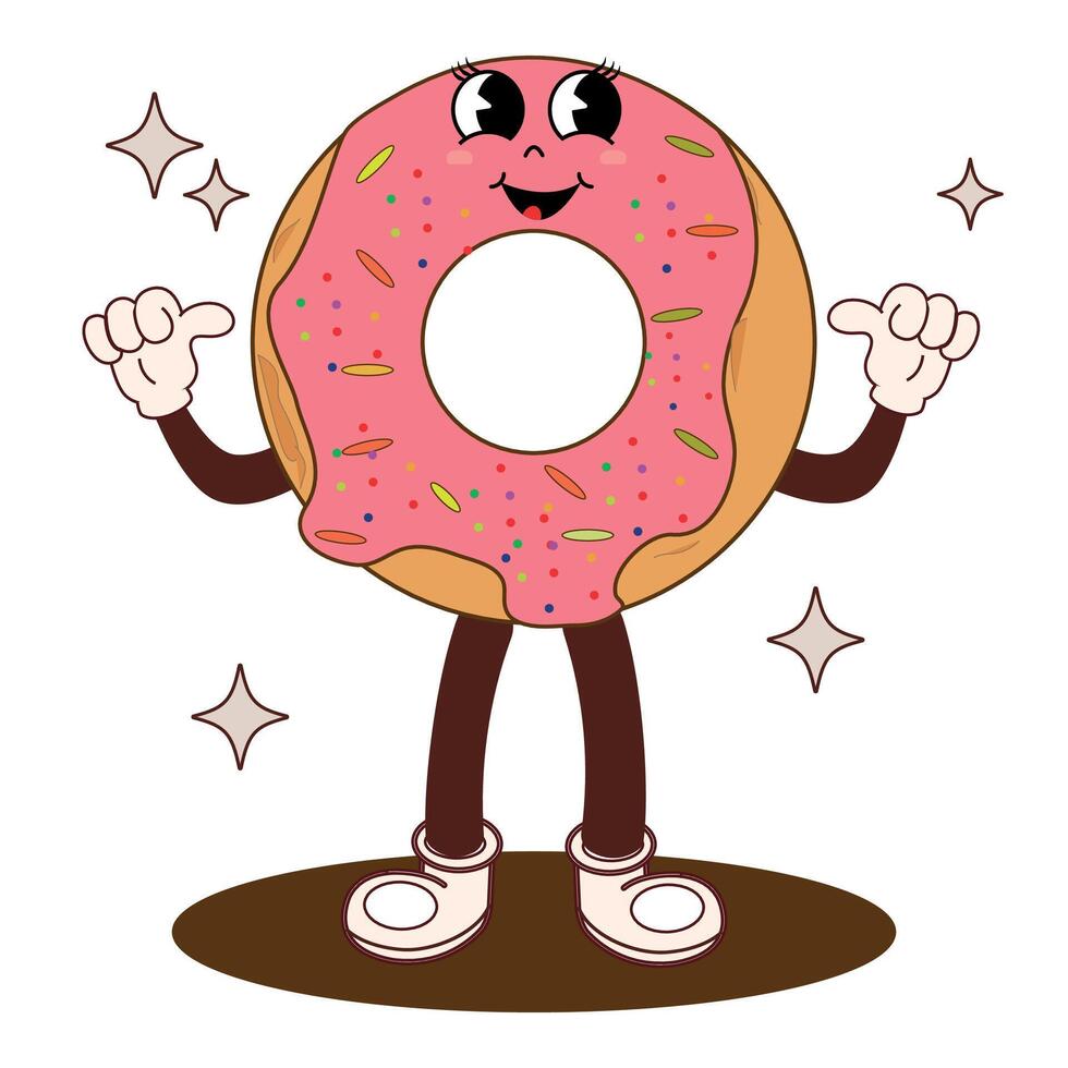 Retro groovy cartoon character, donut. Vintage fast food mascot nostalgia 60s, 80s with psychedelic smile and emotions. Funky illustration for your design. vector