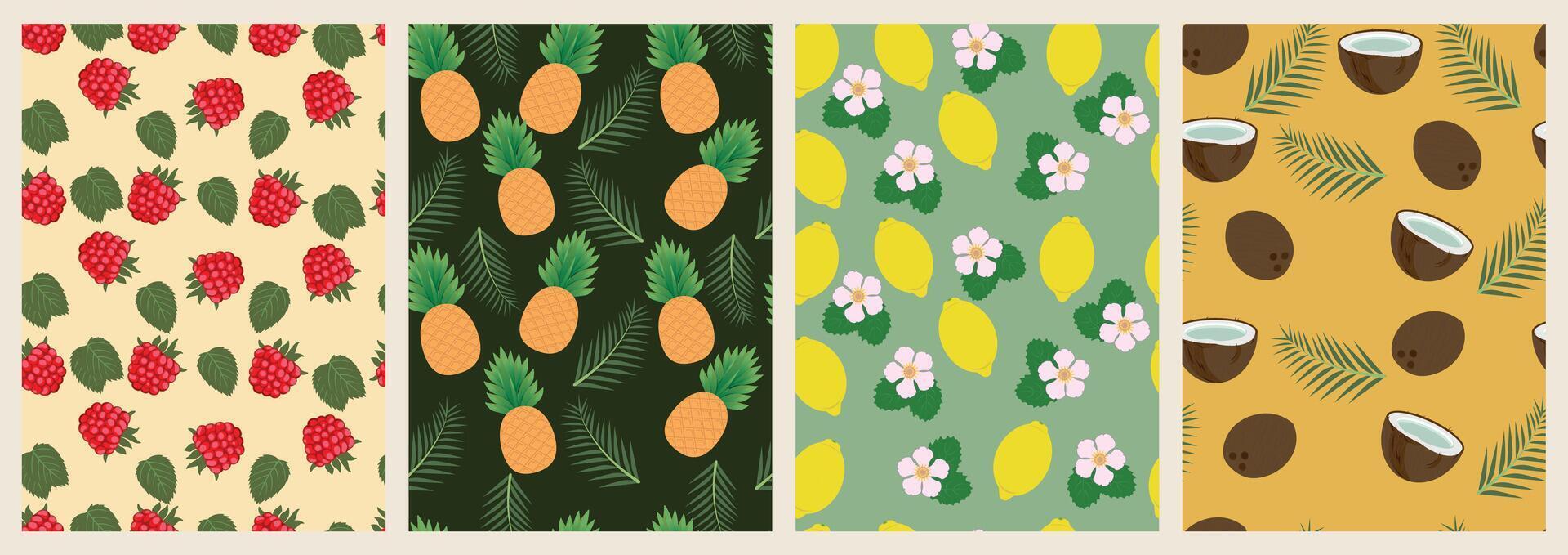 Collection of modern abstract prints and seamless pattern with fruits and leaves. Modern wall art poster. Summer fruit design for cards, invitations, posters, banners. vector