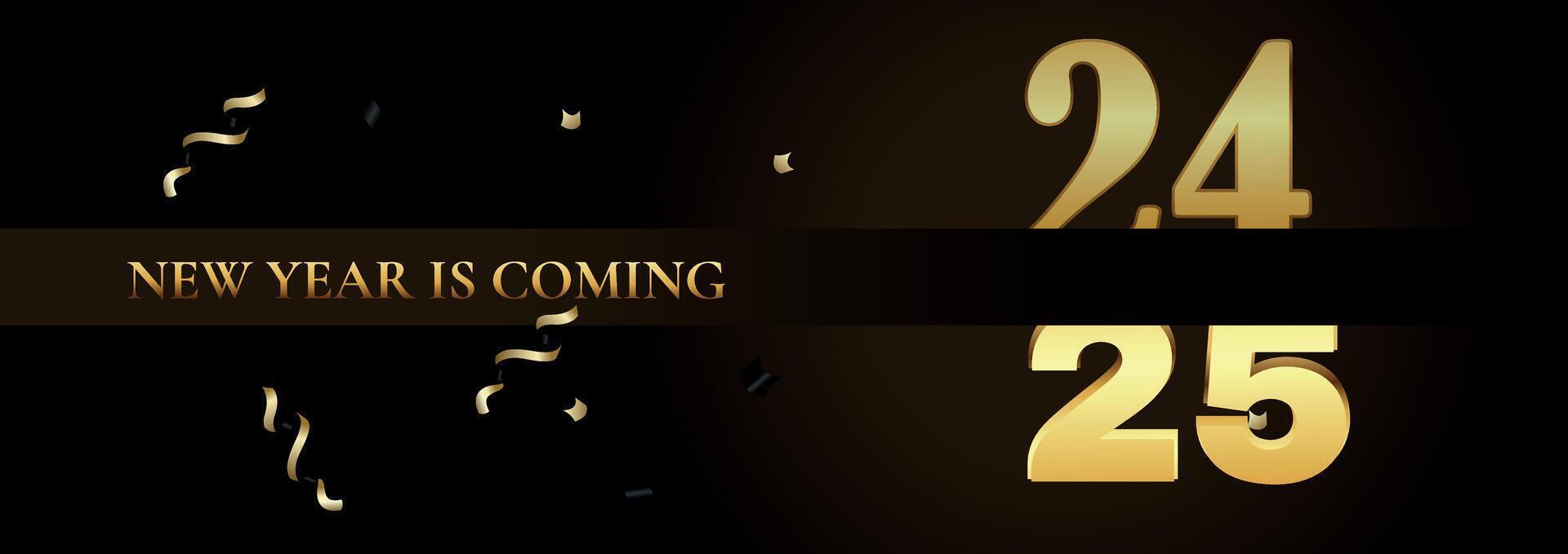 New Year 2025 celebration with golden numbers and elegant serpentine decoration, luxury holiday concept. Outgoing 2024 Happy New Year 2025 design for flyers, banners and calendars. vector