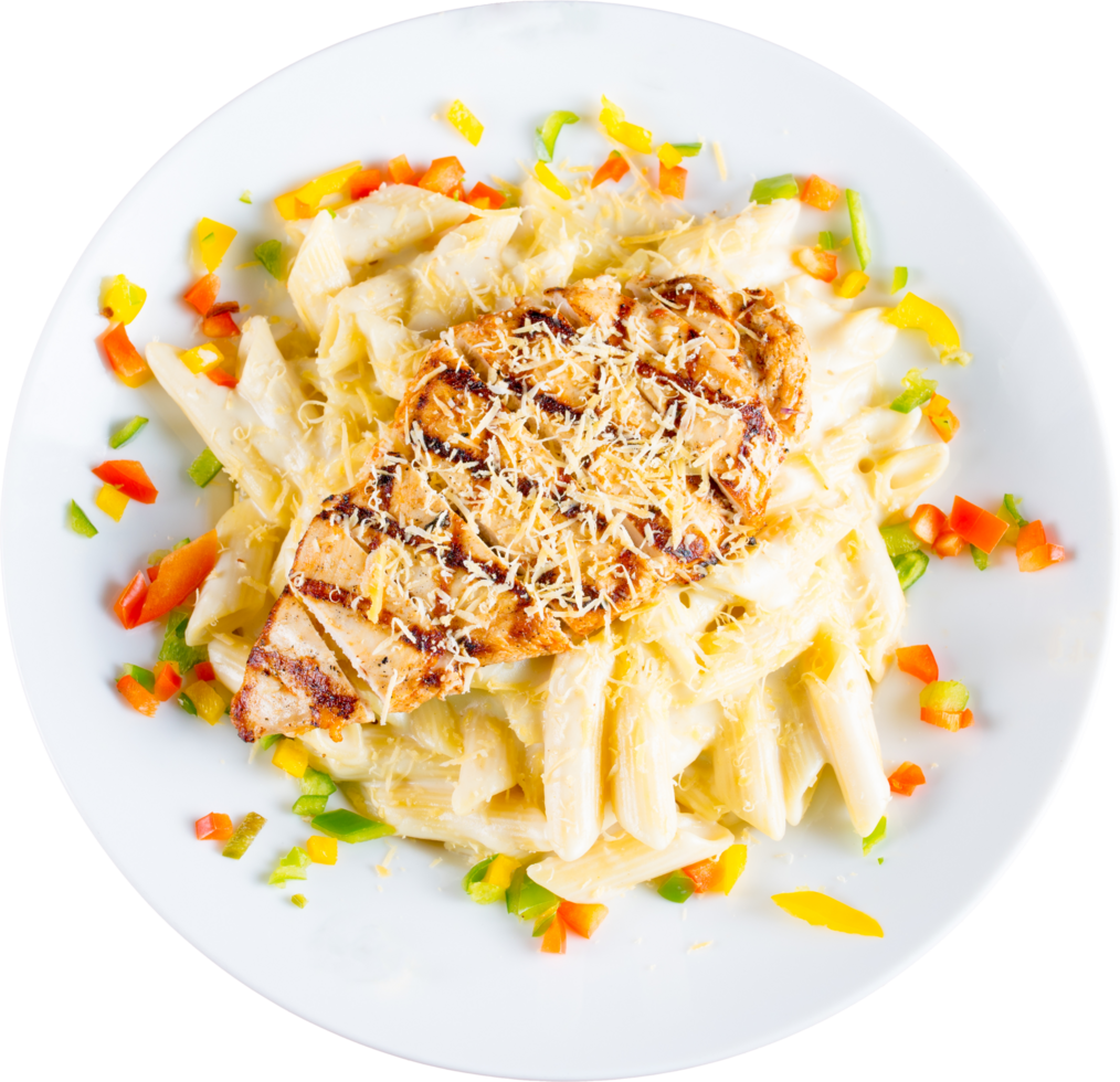 Grilled chicken with pasta white sauce png