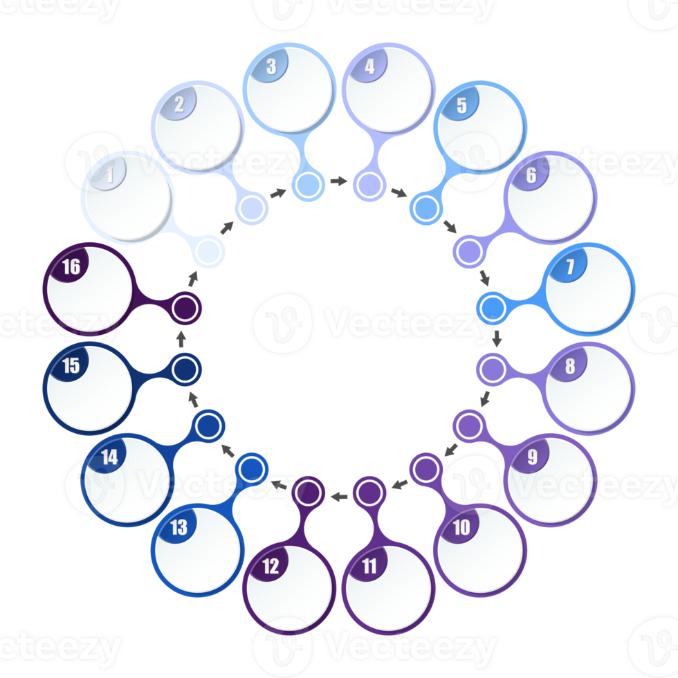 Blue tone circle infographic with 16 steps, process or options. png