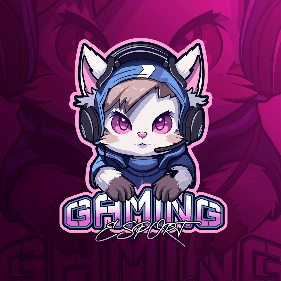 Cute cat with headphone mascot logo design for badge, emblem, esport and t-shirt printing vector