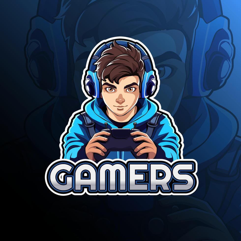 Man gamer with headphone mascot logo design for badge, emblem, esport and t-shirt printing vector