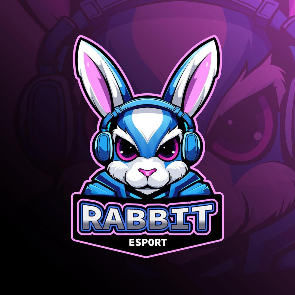 Rabbit with headphone mascot logo design for badge, emblem, esport and t-shirt printing vector