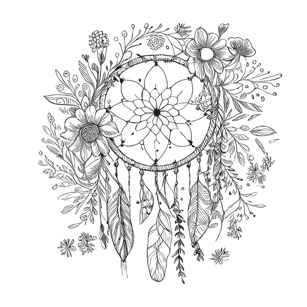 Dream catcher in boho style with flowers sketch hand drawn illustration vector