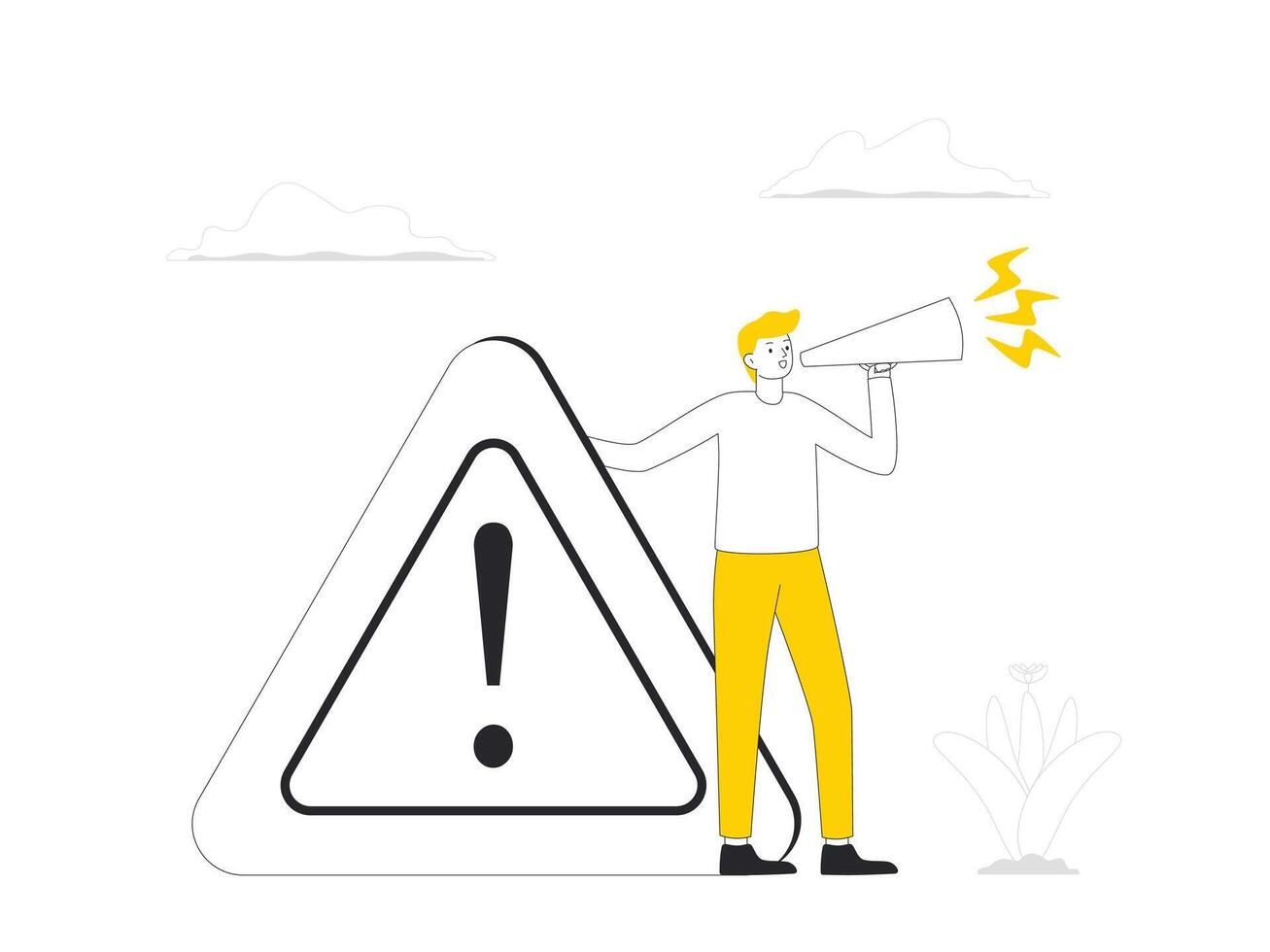 Businessman Announces with Loudspeaker, Holding an Exclamation Mark Signaling an Important Notice vector