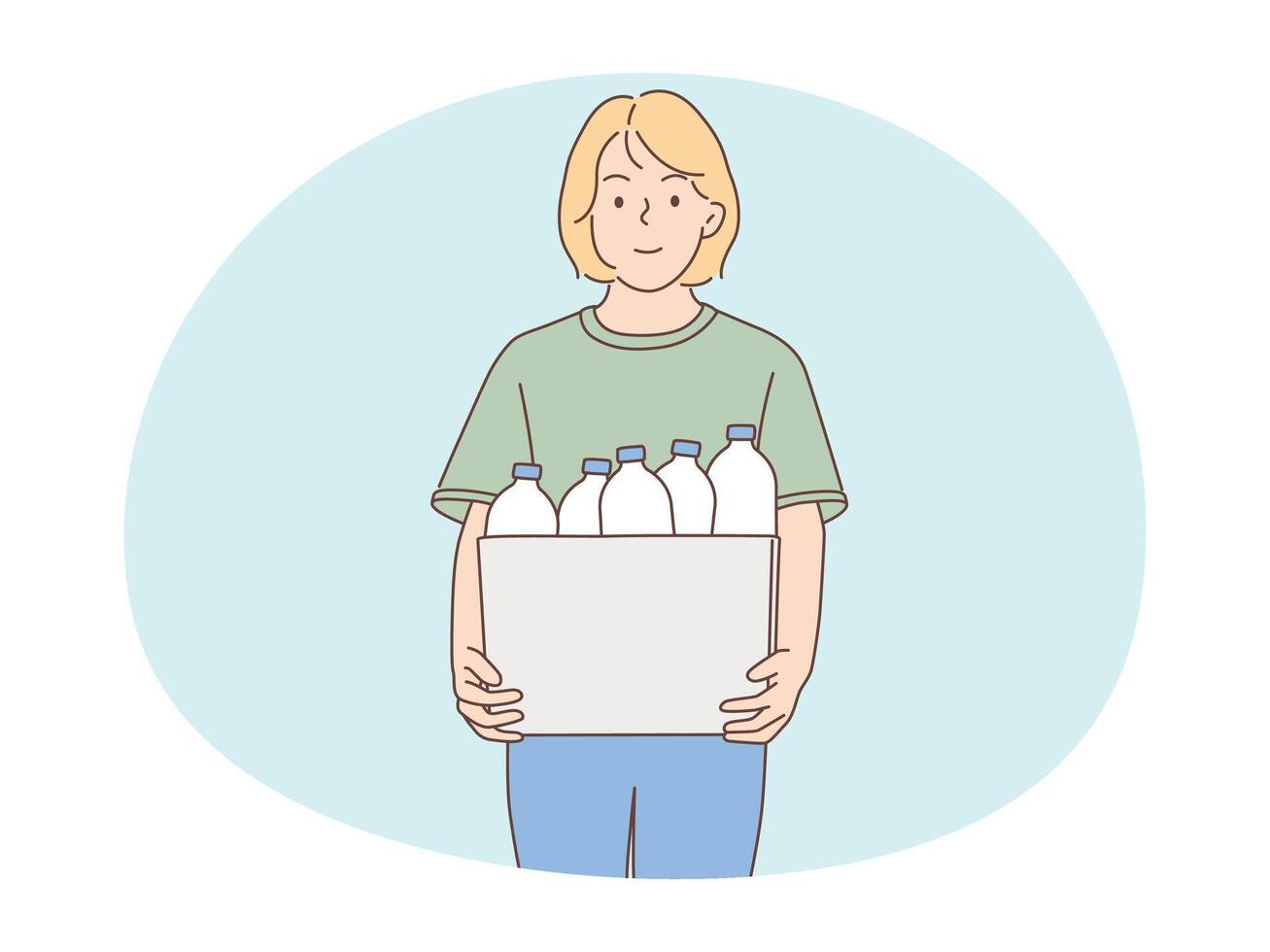 ilustración de un mujer participación un caja conteniendo botellas a ser reciclado vector